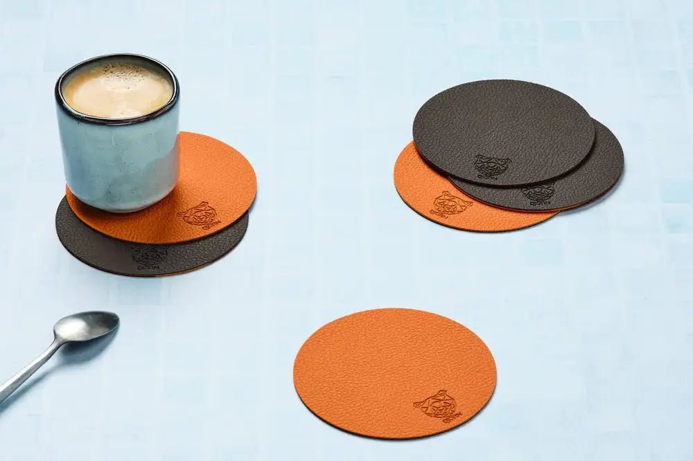 Björn Wendbare Untersetzer "rund" - recyceltes Leder - 6 tlg. - Orange/Braun kaufen Bjorn Schweiz Webshop Onlineshop